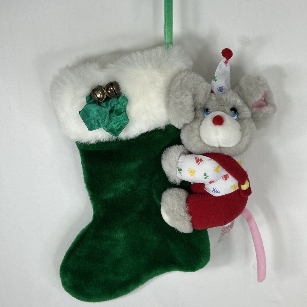 Vtg Fordlet Christmas Stocking Mouse Gray Plush Stuffed Animal Green Velvet 15”